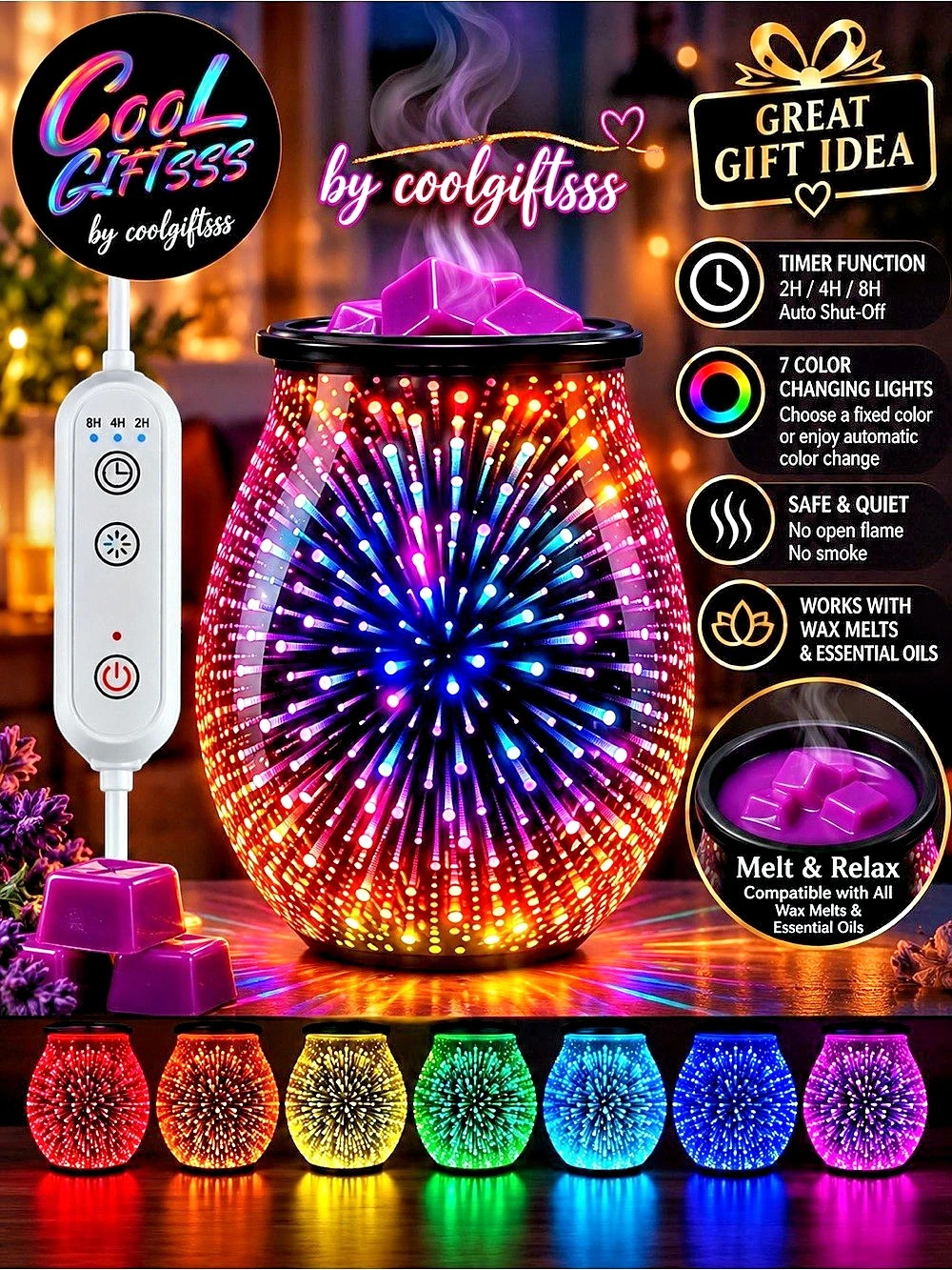 Wax warmer electrical with a timer. Beautiful mirror during the day and firworks